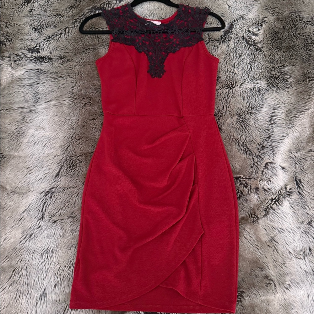 January 7 Red and Black Lace Midi Dress